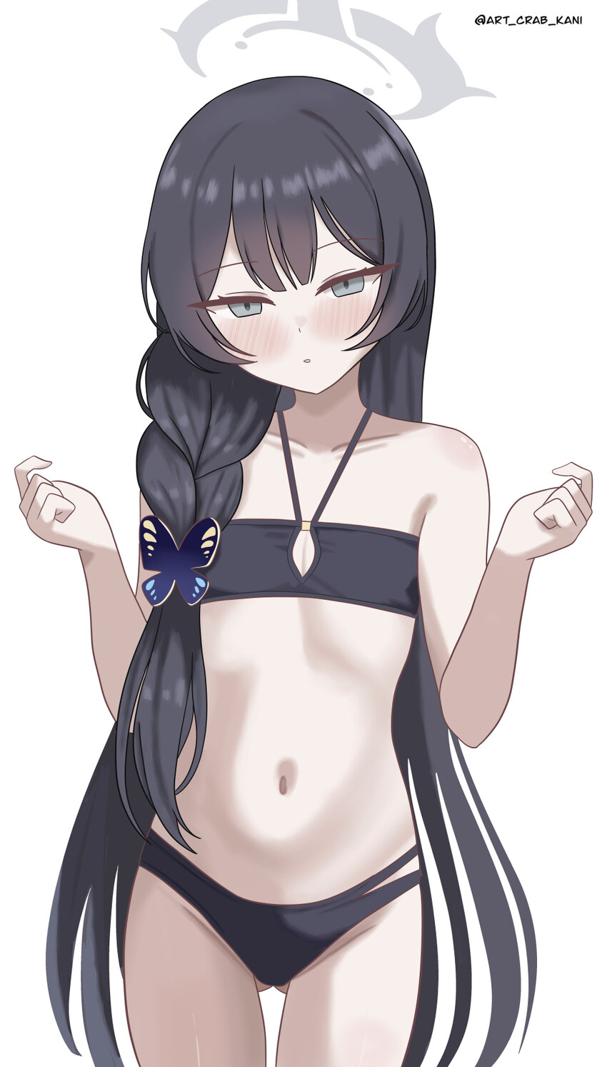 1girl absurdres art crab ass visible through thighs bikini black bikini black hair blue archive blush braid closed mouth commentary flat chest grey e…