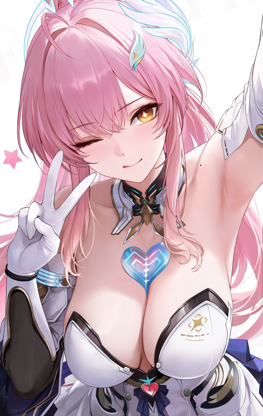 1girl  q aemeath (wuthering waves) ahoge armpits bare shoulders breasts cleavage closed mouth elbow gloves gloves hair intakes hair ornament highres …
