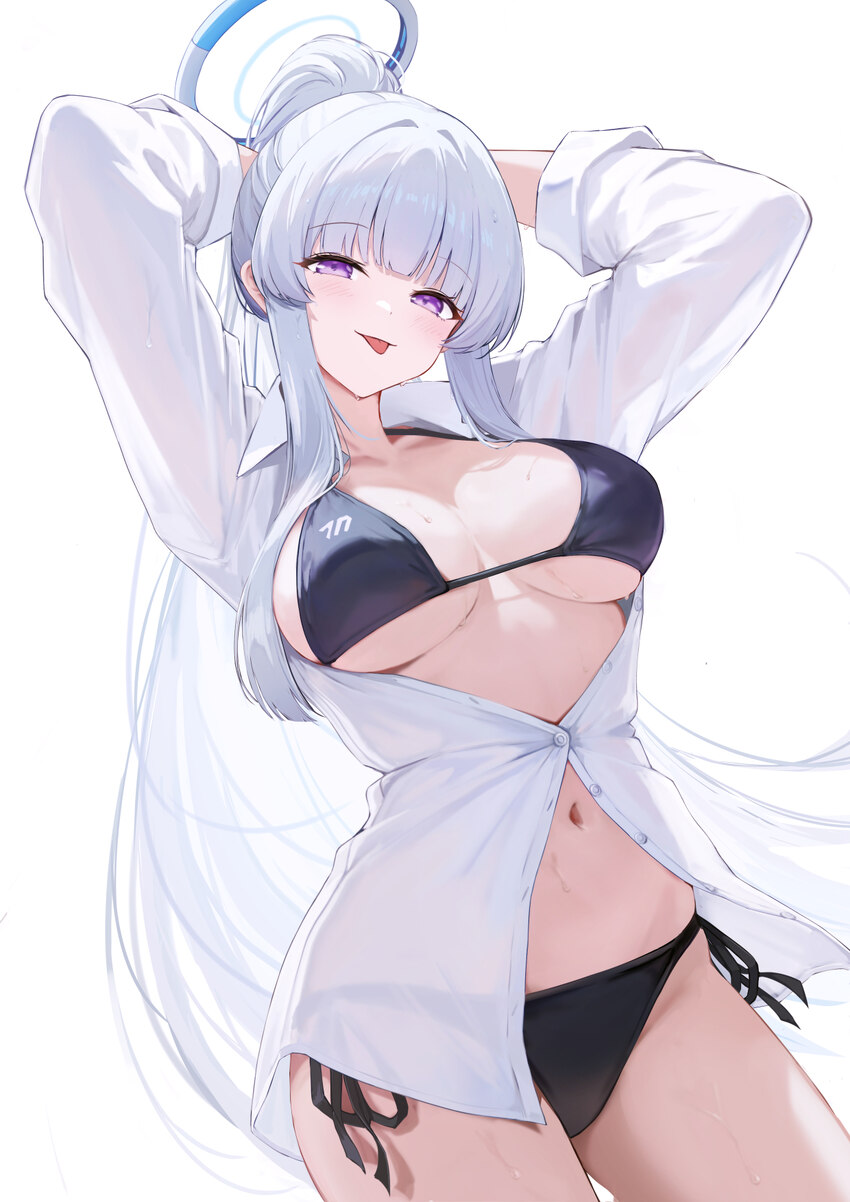 1girl arms behind head bikini black bikini blue archive blunt bangs breasts collared shirt commentary cowboy shot dutch angle from below grey hair ha…