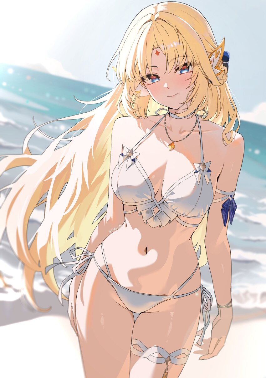 1girl absurdres alternate costume armlet beach bikini blonde hair blue eyes blue sky blush breasts cleavage closed mouth collarbone commentary cowboy…