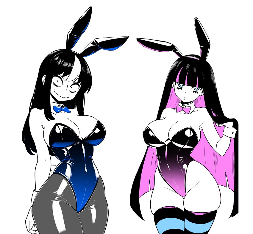 2girls absurdres animal ears bags under eyes bare shoulders black hair black leotard blue bow blue bowtie blue eyes blue leotard blunt bangs blush bo…