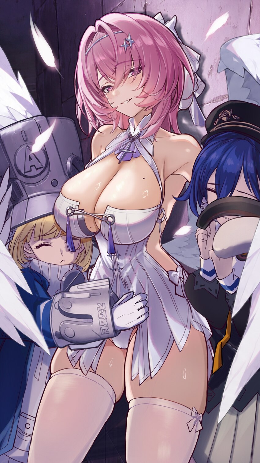 3girls belle (brilliance of stars) (zenless zone zero) belle (zenless zone zero) black hat black sweater blonde hair blue coat breasts cleavage coat …