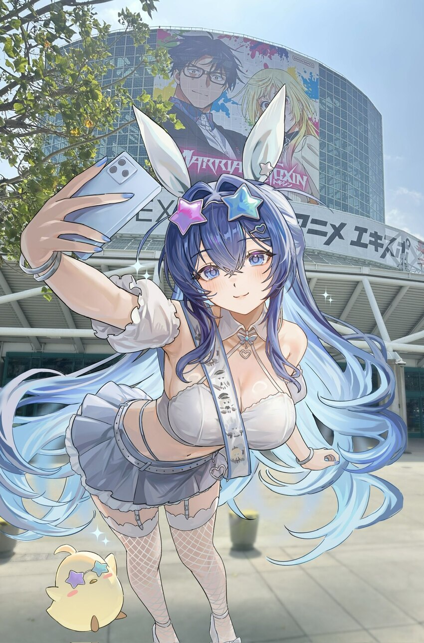 1girl alternate costume ariko (aaaaarik) arm up armpits azur lane bare shoulders belt bent over blue eyes blue hair breasts cleavage closed mouth col…
