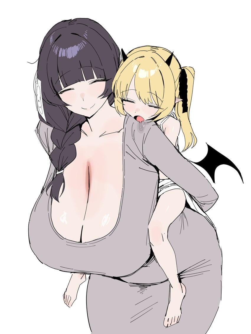 2girls absurdres black horns black ribbon black wings blonde hair blue archive braid braided ponytail breasts carrying closed eyes commentary demon h…
