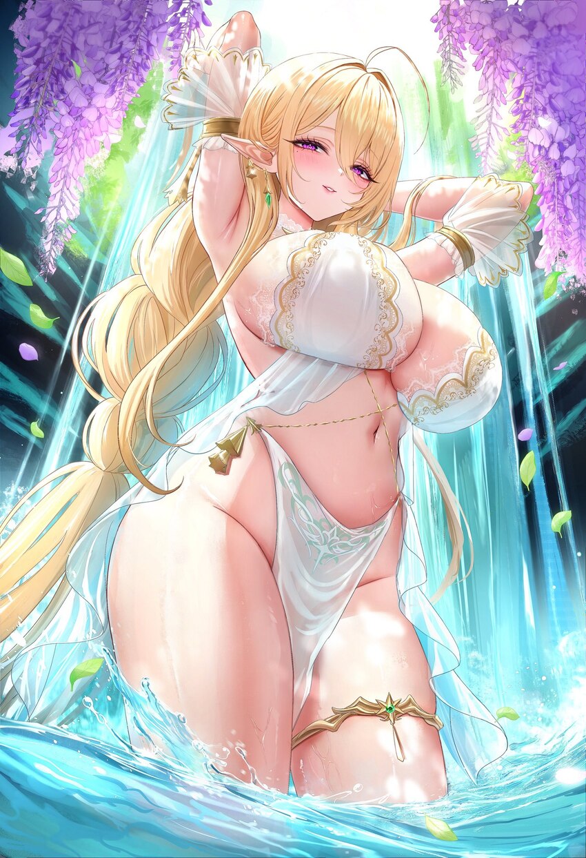 1girl ahoge armpits azur lane bare hips bare shoulders blonde hair breasts curvy elf gouden leeuw (azur lane) groin half-closed eyes highres jewelry …