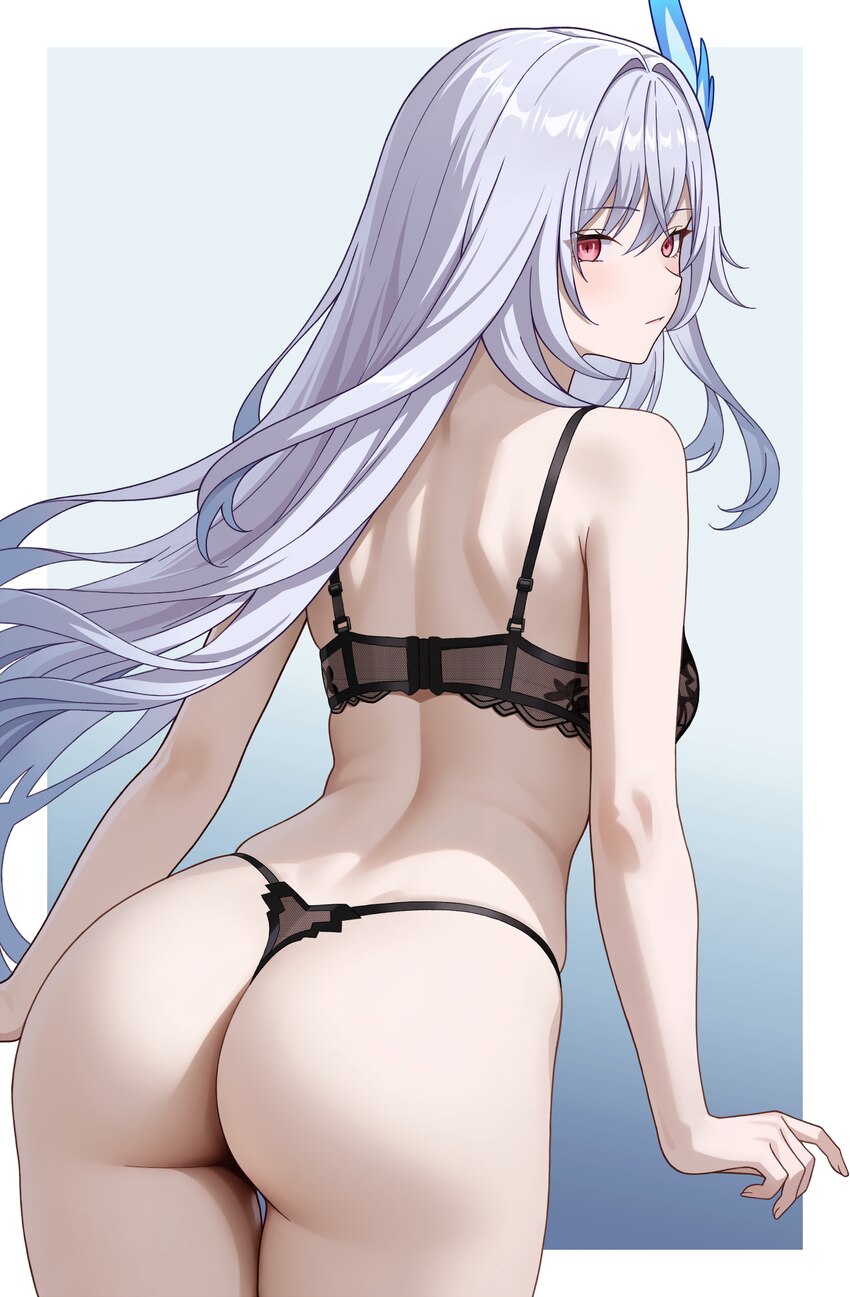 1girl absurdres ass black bra black panties bra breasts closed mouth from behind genshin impact grey hair hair ornament highres long hair looking at …