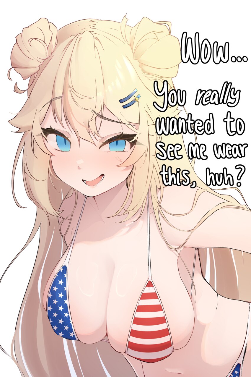 1girl absurdres american flag american flag bikini american flag print bare shoulders bikini black bikini blonde hair blue eyes breasts cleavage comm…
