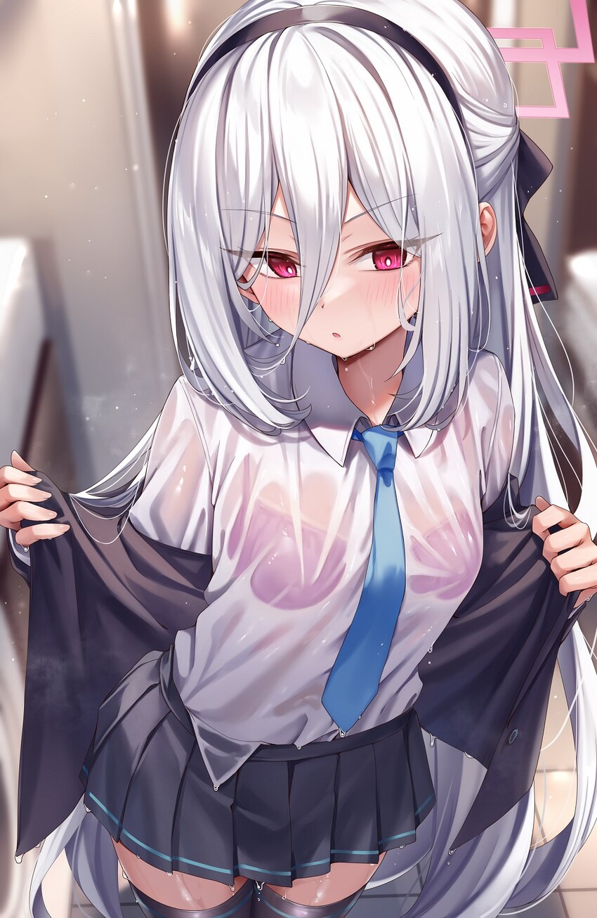 1girl black hairband black jacket black ribbon black skirt black thighhighs blue archive blue necktie blush bra bra visible through clothes breasts c…