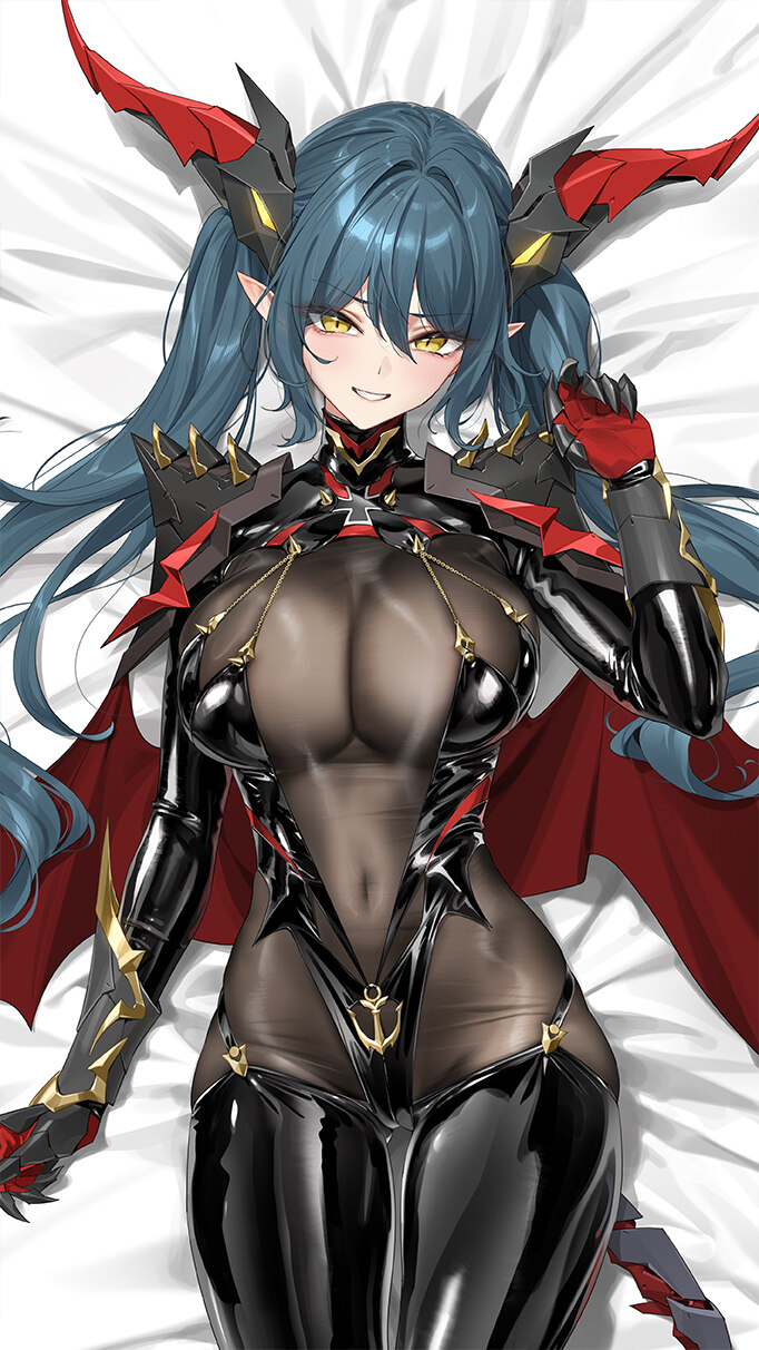 1girl azur lane bed sheet blue hair bodystocking breasts brown bodystocking commentary cross dakimakura (medium) dragon girl dragon horns hair betwee…