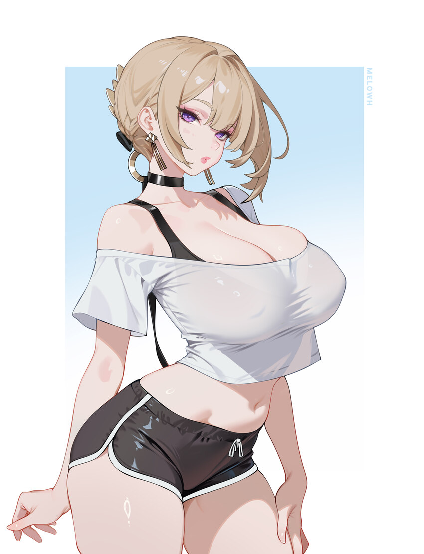 1girl absurdres black choker black shorts blonde hair blue background bra strap breasts choker cleavage closed mouth commentary covered nipples dolph…