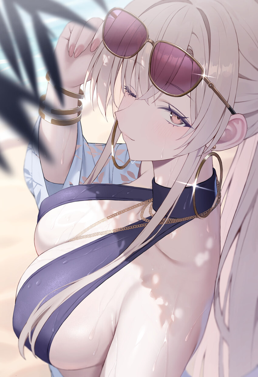 1girl absurdres adjusting eyewear black one-piece swimsuit blue archive blurry breasts brown eyes brown hair casual one-piece swimsuit cleavage close…