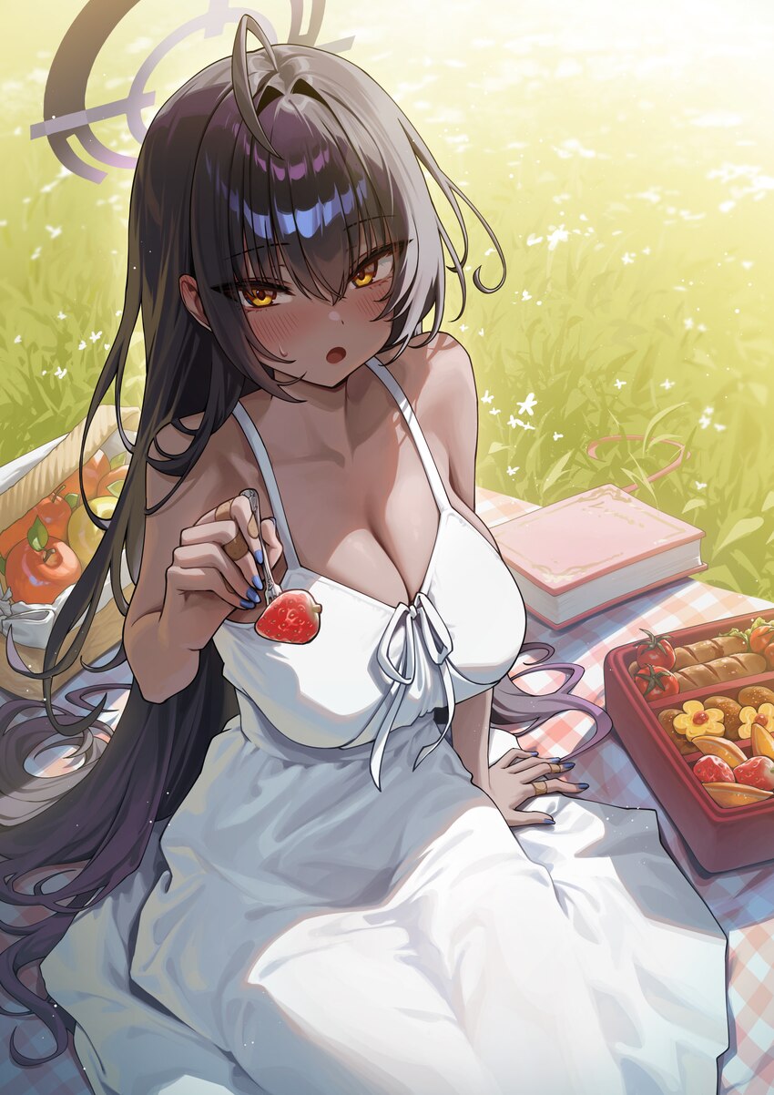 1girl alternate costume apple blue archive blue nails book breasts cleavage commentary dark-skinned female dark skin dress fingernails food fork frui…