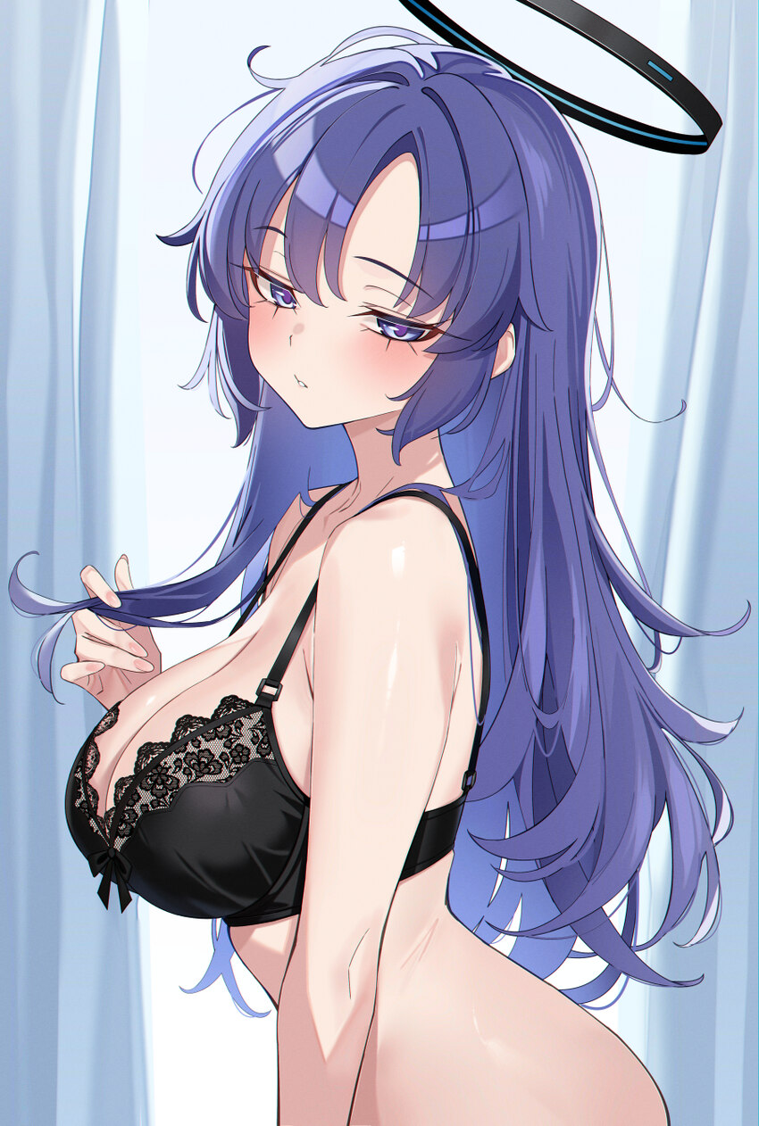 1girl absurdres black bra blue archive bra breasts cleavage commentary curtains english commentary from side halo highres indoors lace-trimmed bra la…