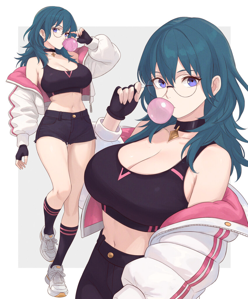 1girl absurdres adjusting eyewear alternate costume armpit crease bare shoulders black choker black gloves black shorts black socks blowing bubble gu…
