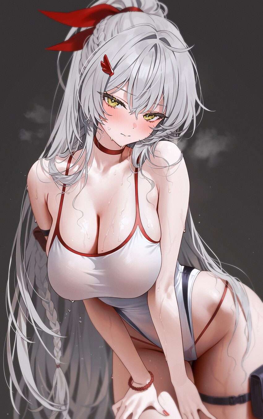 1girl bare shoulders blush bracelet braid breasts brown dust (series) brown dust 2 choker cleavage closed mouth commentary fymrie granhildr (brown du…