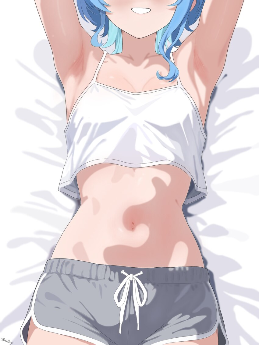 1girl armpits artist name barleiy bed sheet blue hair breasts camisole commentary dolphin shorts english commentary eyes out of frame grey shorts hea…