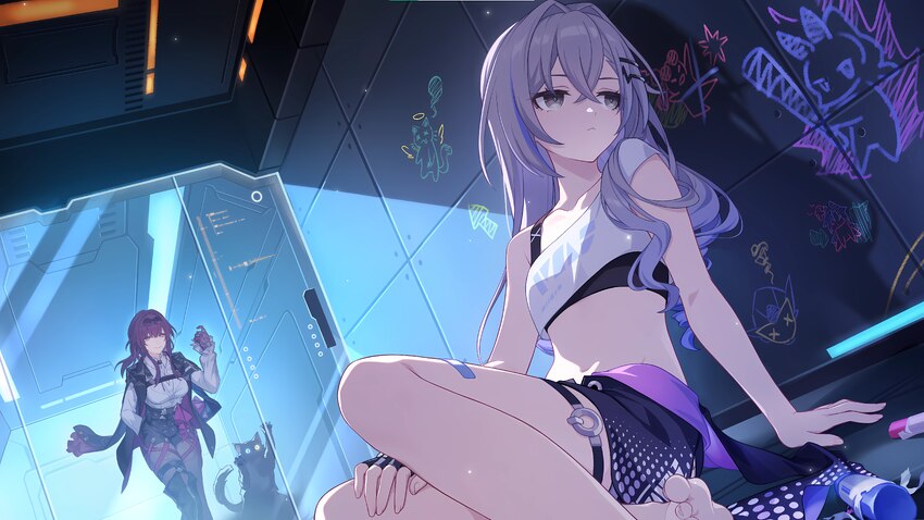 2girls absurdres arm behind back bad link bad miyoushe link bandaid bandaid on leg bare shoulders barefoot black boots black cat black gloves black j…