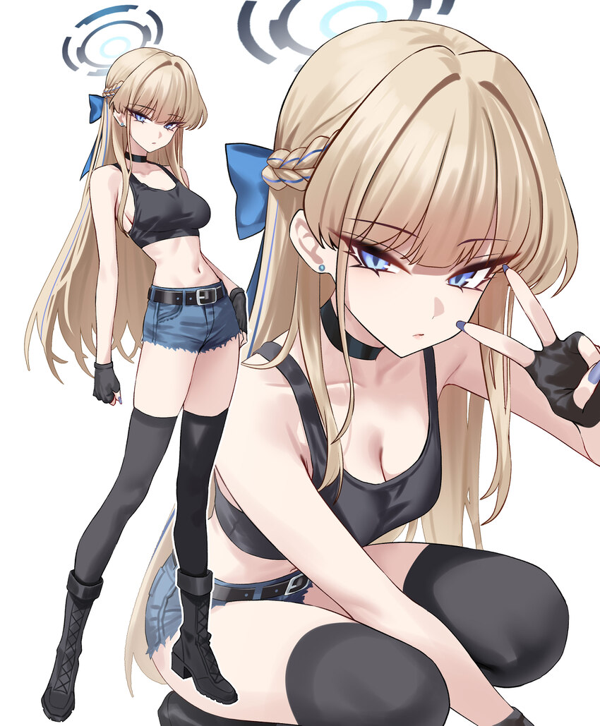 1girl absurdres alternate costume bare arms bare shoulders belt black belt black boots black choker black gloves black thighhighs blonde hair blue ar…