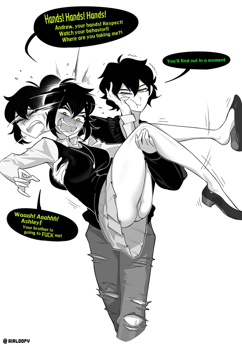 1boy 1girl absurdres afterimage aierlaobo andrew graves ass bare legs blush breasts carrying closed eyes closed mouth collared shirt commentary engli…