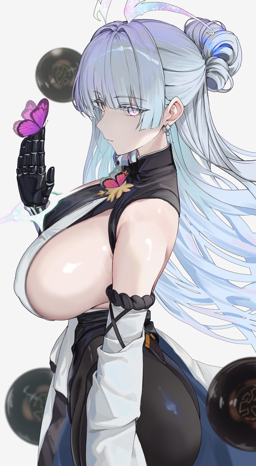 1girl absurdres ass bare shoulders black pantyhose blue hair blunt bangs blunt sidelocks breasts bug butterfly butterfly on hand commentary request c…