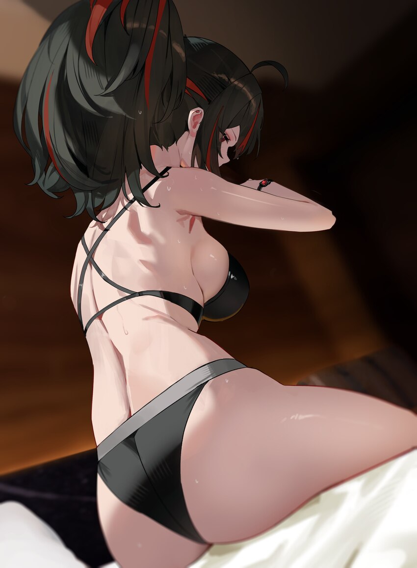 1girl absurdres armpits ass black bra black hair black panties bra breasts commentary english commentary from behind highres indoors large breasts ma…
