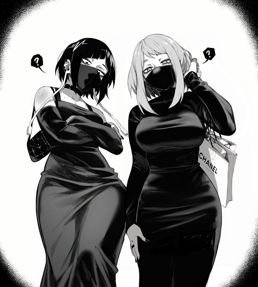 2girls ? absurdres bag bare shoulders black nails boku no hero academia breasts chanel dress english commentary greyscale hair between eyes handbag h…