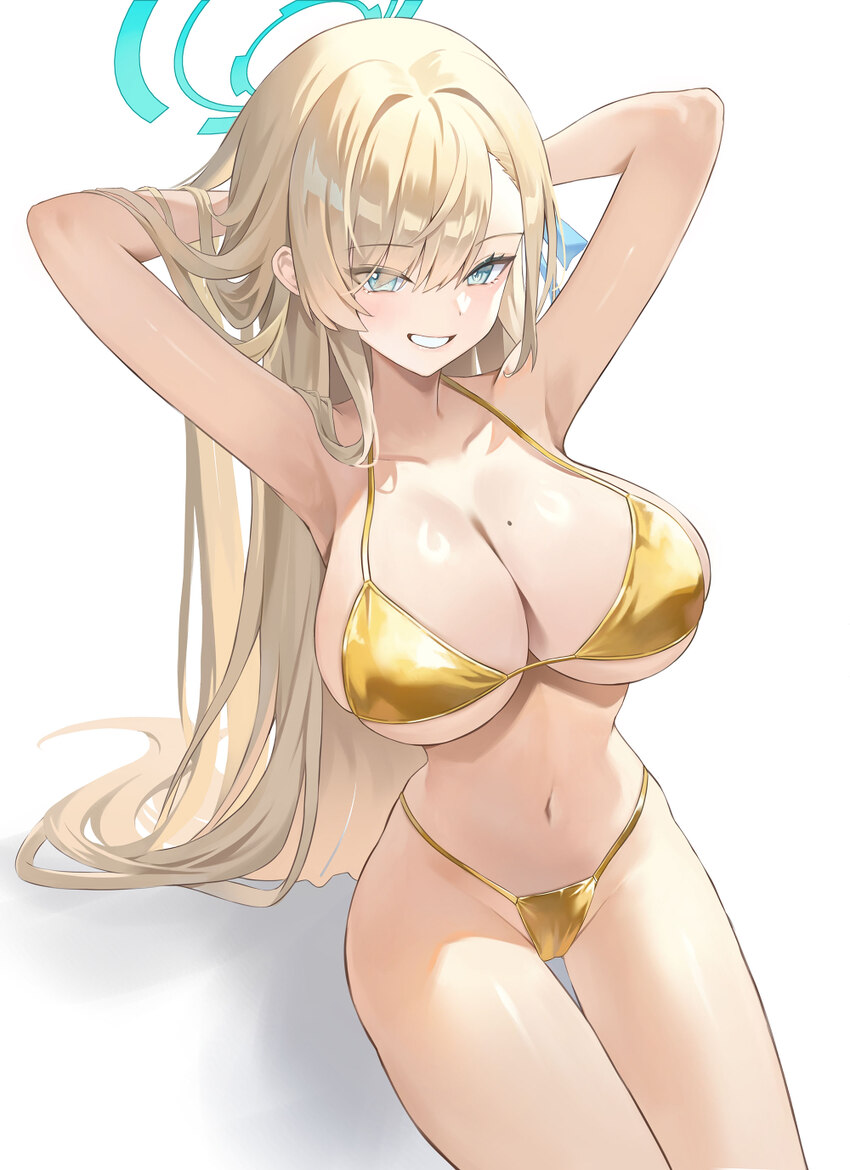 1girl absurdres asuna (blue archive) bad id bad pixiv id bikini blonde hair blue archive blue eyes blue halo breasts commentary gold bikini greenappl…