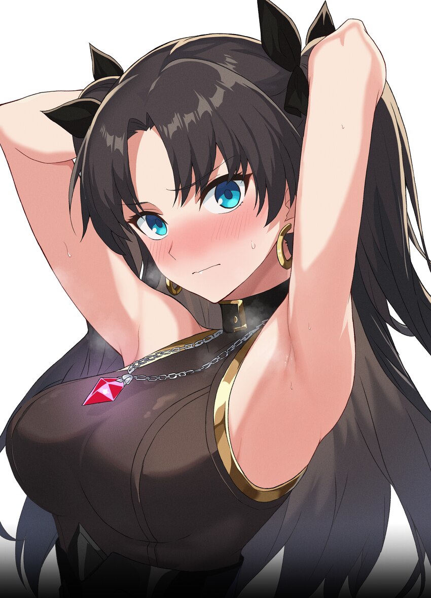 1girl absurdres armpits arms behind back black hair blue eyes blush breasts commentary request earrings fate/stay night fate (series) highres honkai …