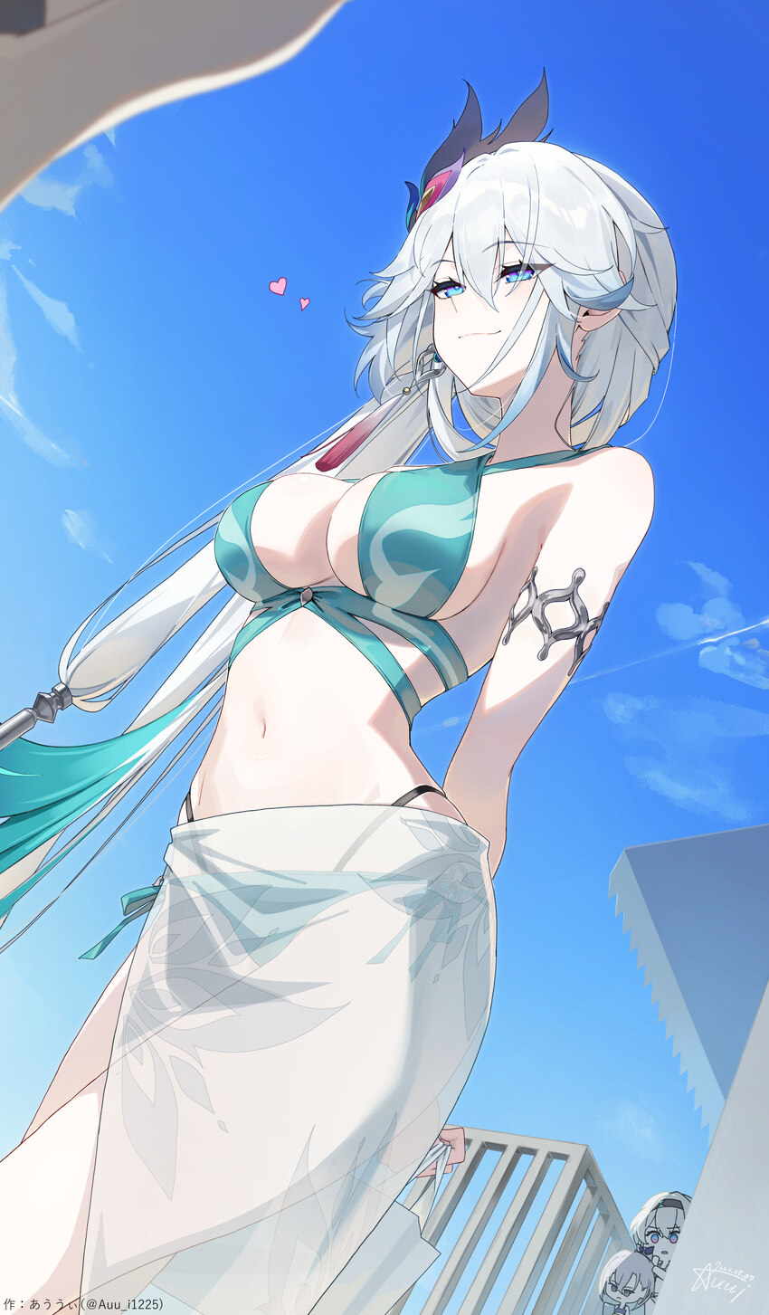 1boy 3girls absurdres aqua bikini auui bikini blue sky breasts caelus (honkai  star rail) commentary dutch angle firefly (honkai  star rail) heart hi…