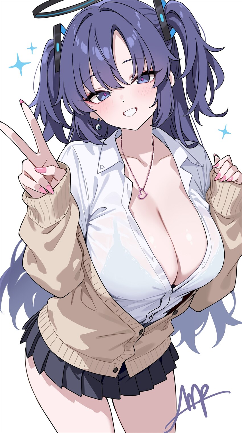 1girl black bra black halo blue archive blue eyes blue hair bra bra visible through clothes breasts brown cardigan cardigan cleavage commentary reque…