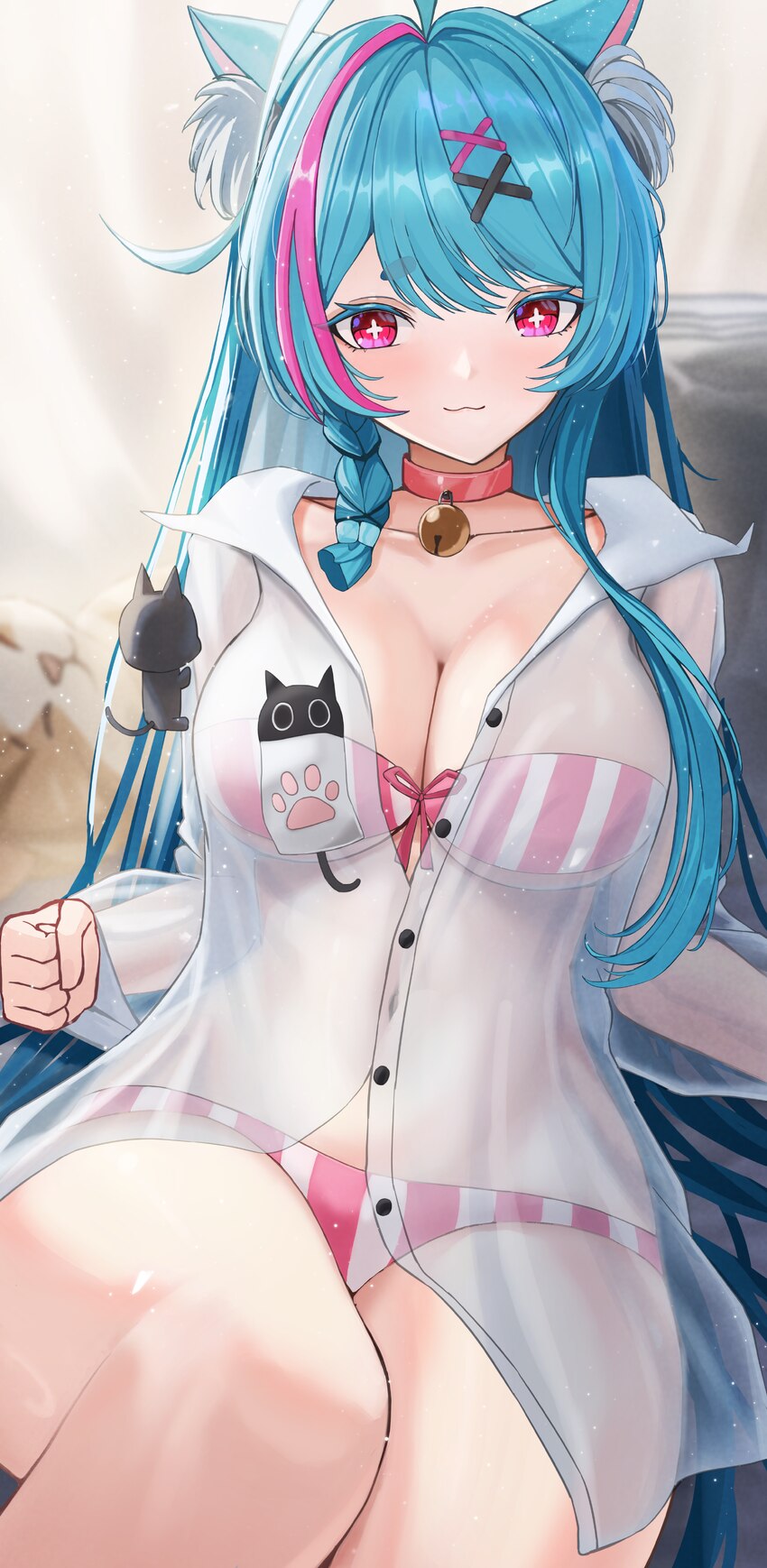 1girl absurdres ahoge animal ear fluff animal ears bell bikini blue hair bra braid breasts choker cleavage closed mouth collar commentary request eye…