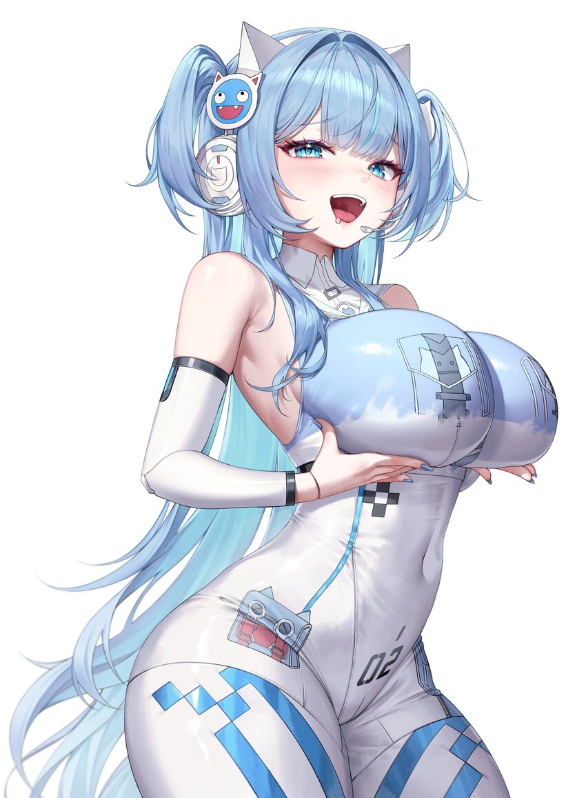 1girl absurdres animal ear headphones animal ears april fools bare shoulders blue eyes blue hair blue nails bodypaint bodysuit breast lift breasts ca…