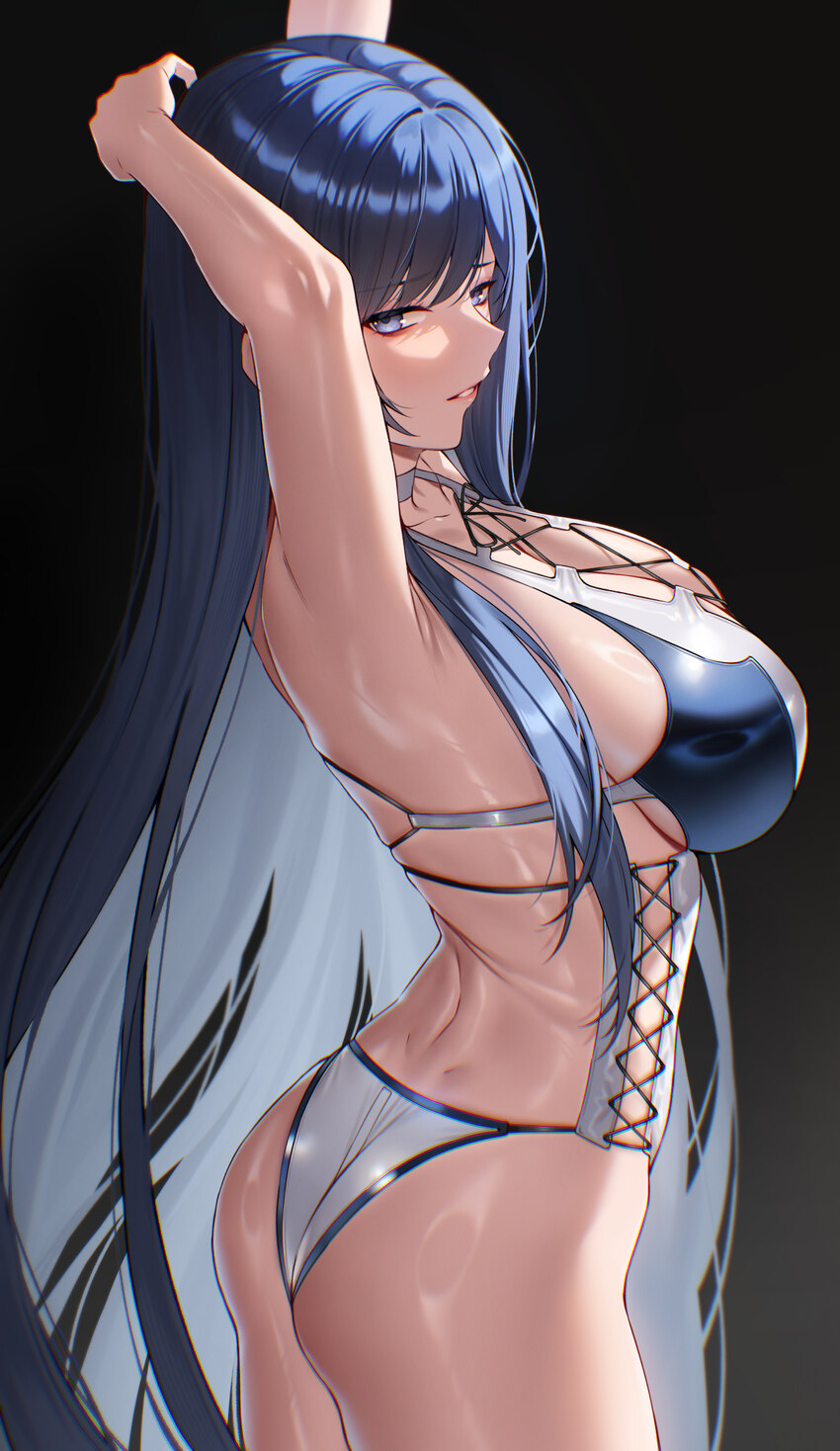 1girl armpits arms up ass black background black hair blue eyes breasts center cross lace commentary commission cross-laced clothes cross-laced one-p…