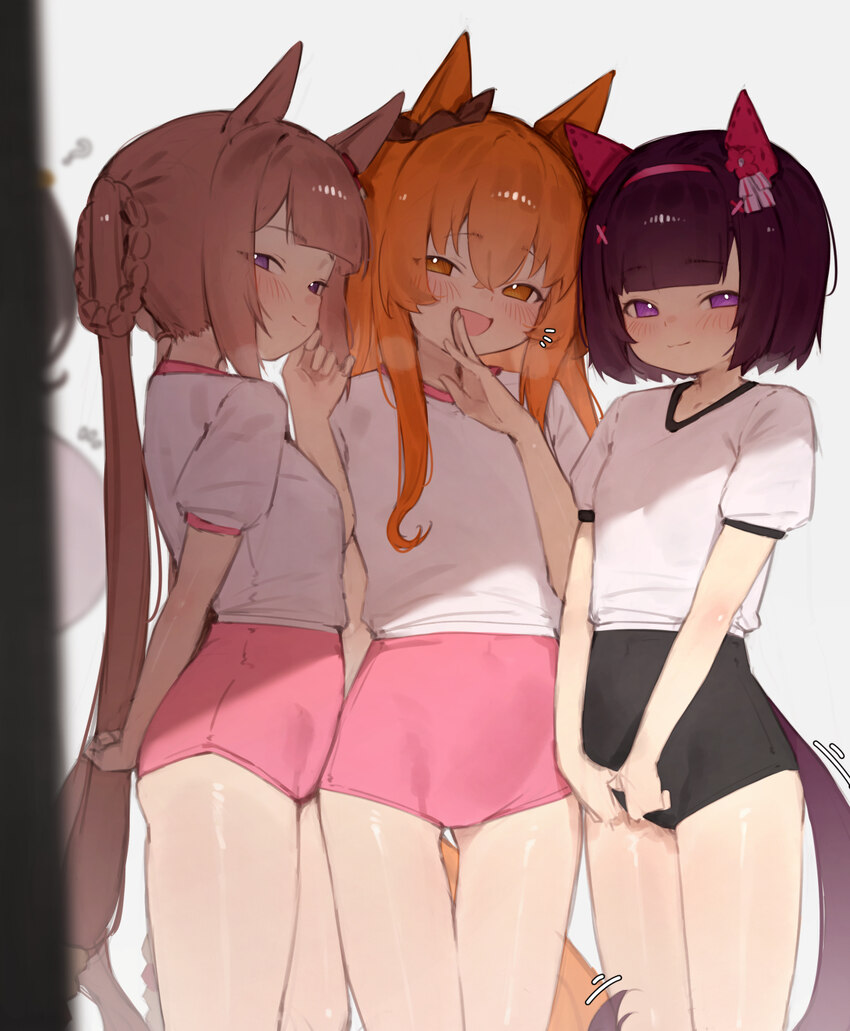 4girls animal ears black buruma black hair black tail blurry blush bow braid braided hair rings breasts brown hair brown tail buruma commentary cross…