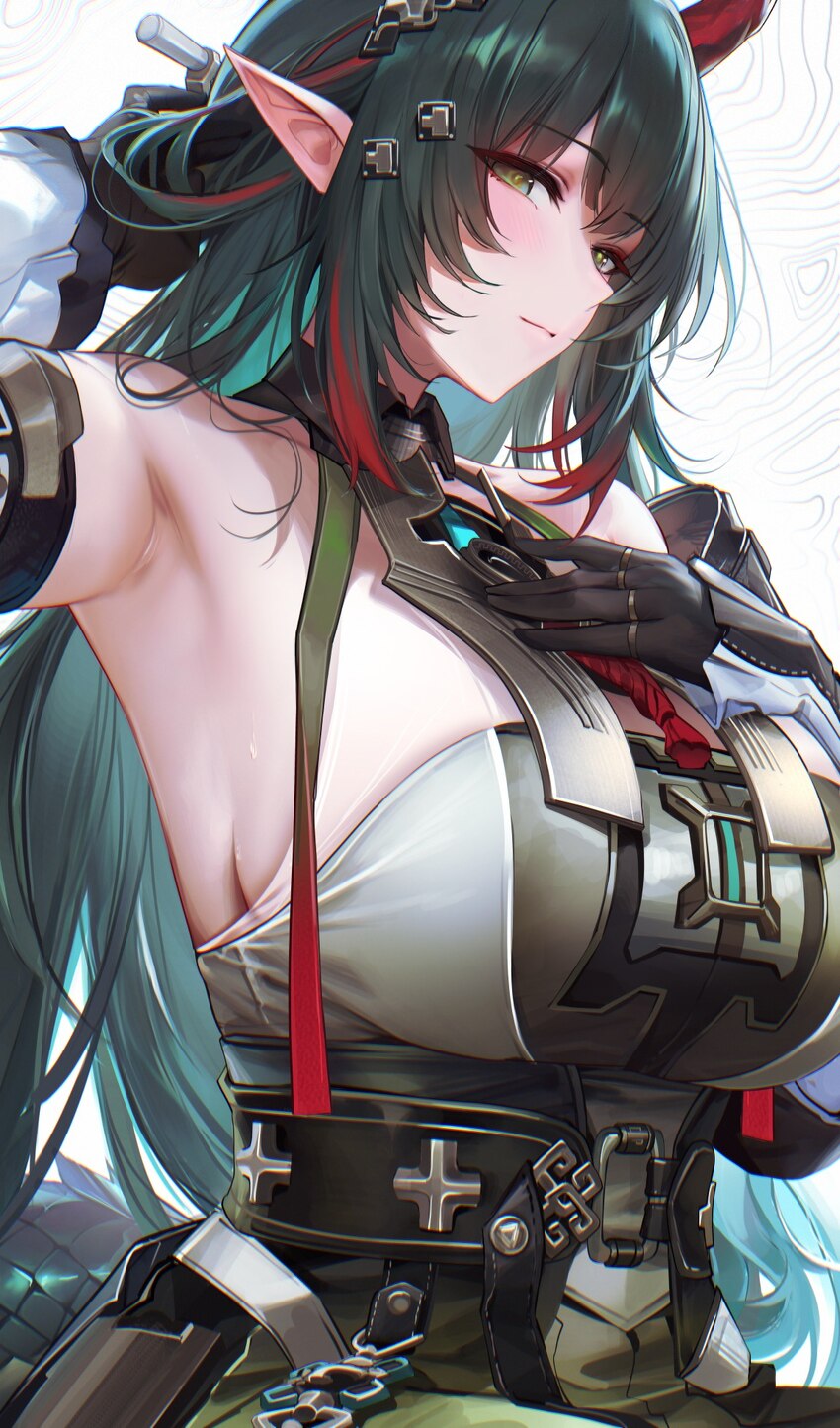 1girl arknights arknights  endfield arm up armpits bare shoulders black gloves breasts closed mouth dragon girl dragon horns gloves green eyes green …