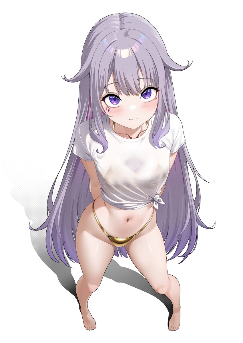 1girl  3 absurdres arms behind back barefoot bikini bikini top under shirt bikini under clothes bikini visible through clothes breasts chest jewel co…