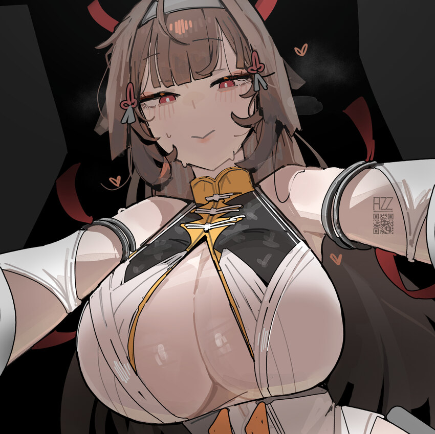 1girl   alternate breast size (larger) armlet azz0422 blush breasts brown hair chinese clothes commentary dress english commentary from below grey dr…
