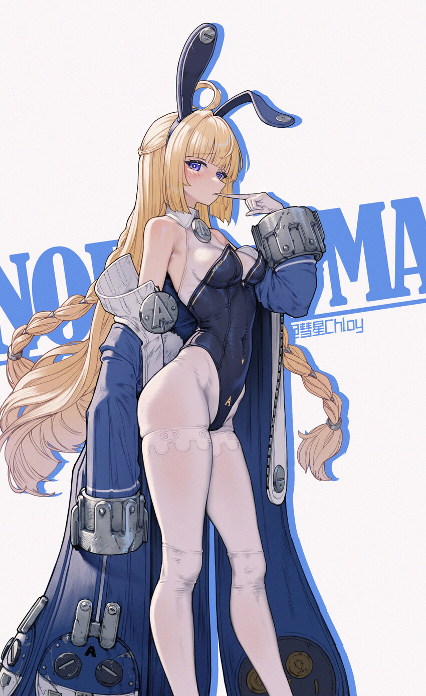1girl absurdres ahoge animal ear hairband animal ears artist name bare shoulders biting biting glove blonde hair blue eyes blue jacket blue leotard b…