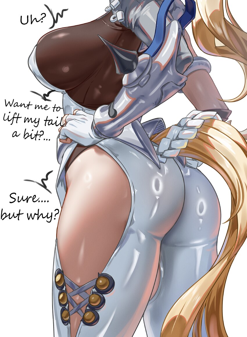 1girl absurdres ass ass focus blonde hair breasts clothing cutout commentary cowboy shot english commentary english text from behind hand on own hip …