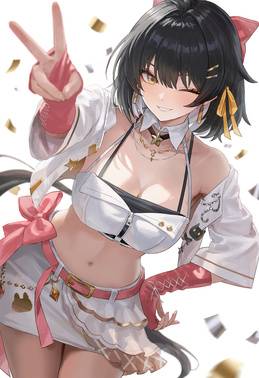 1girl alternate costume bare shoulders black hair breasts cleavage colored inner hair commentary confetti cowboy shot ddcc0123 earrings female rover …