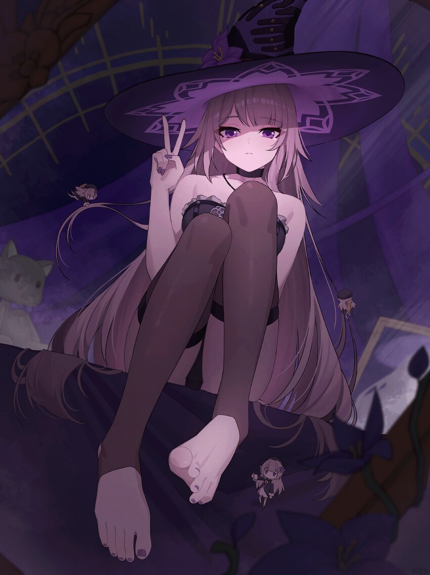 1girl absurdres bare shoulders black choker black hat black thighhighs breasts brown hair cat choker closed mouth collarbone commentary dark backgrou…