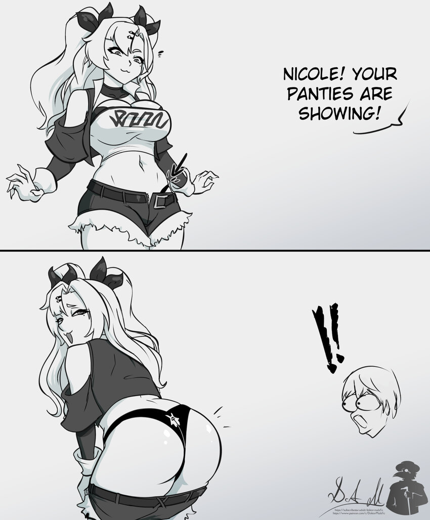 ! !! 1boy 1girl 2girls ass belt breasts bulging eyes clothes pull commentary doktor malefic english commentary english text greyscale highres large b…