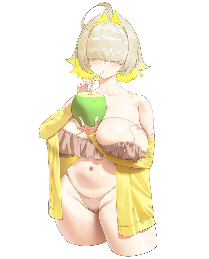 1girl absurdres ahoge alternate costume bikini blonde hair blush breasts coat coconut collarbone commentary covered eyes cropped legs detached sleeve…