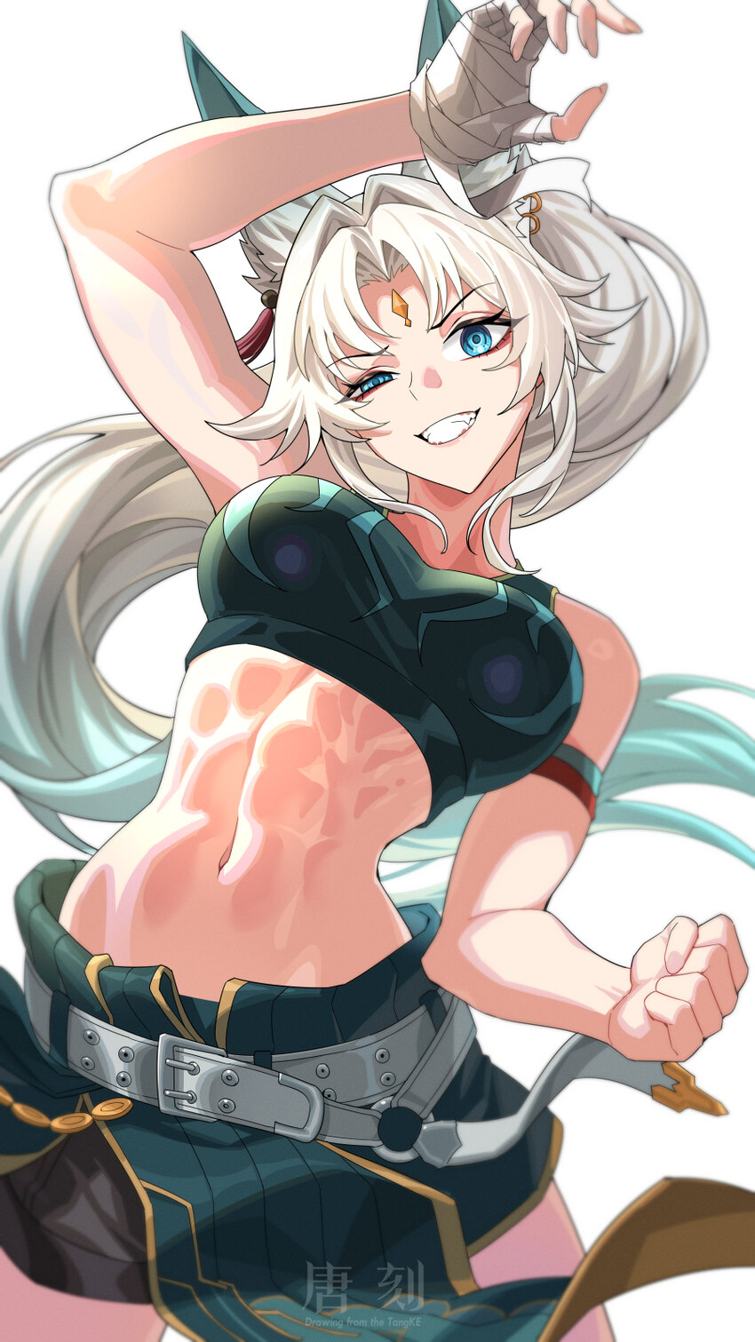 1girl absurdres animal ears aqua eyes aqua hair bandaged hand bandages black shorts breasts chinese commentary clenched hand commentary request extra…