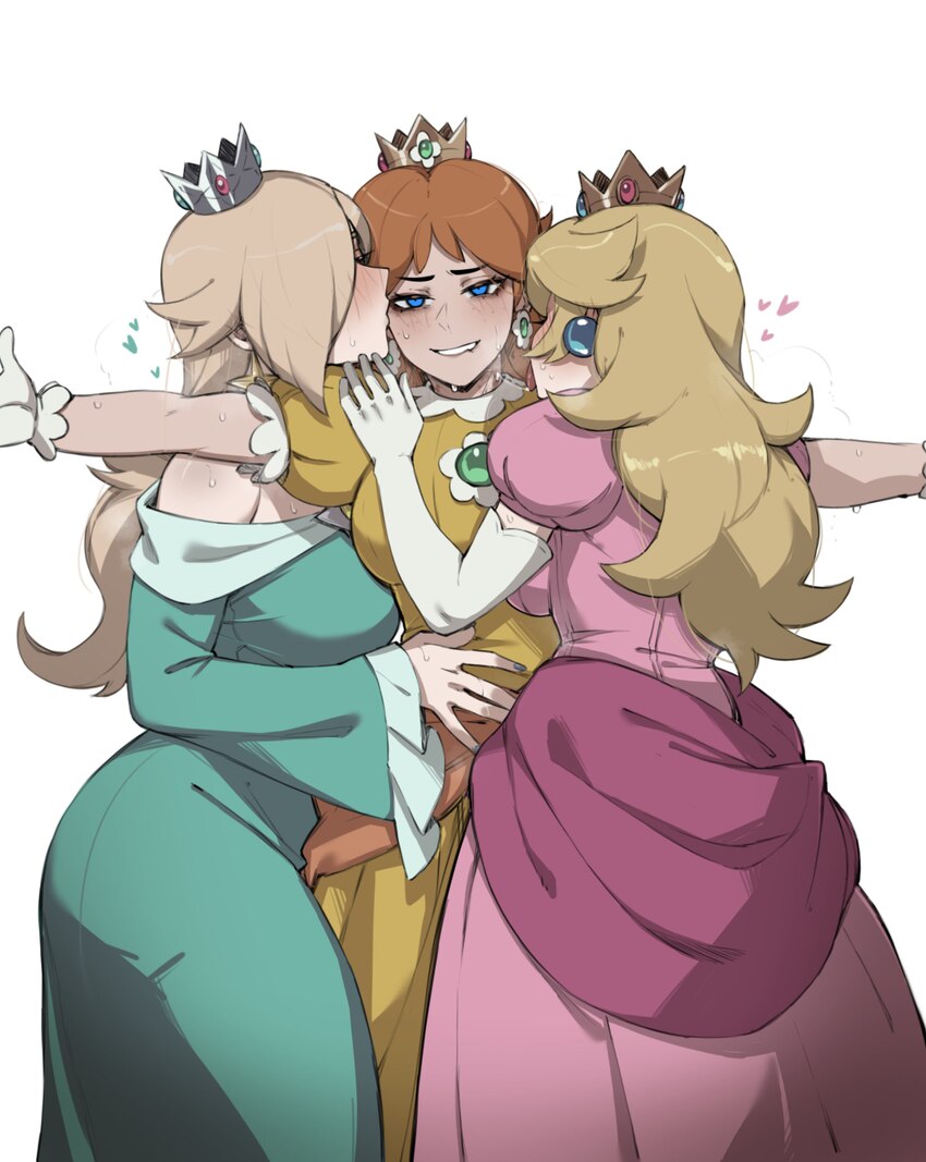 3girls absurdres bad id bad twitter id blonde hair blue dress brooch brown hair commentary crown dress earrings english commentary fff threesome flow…