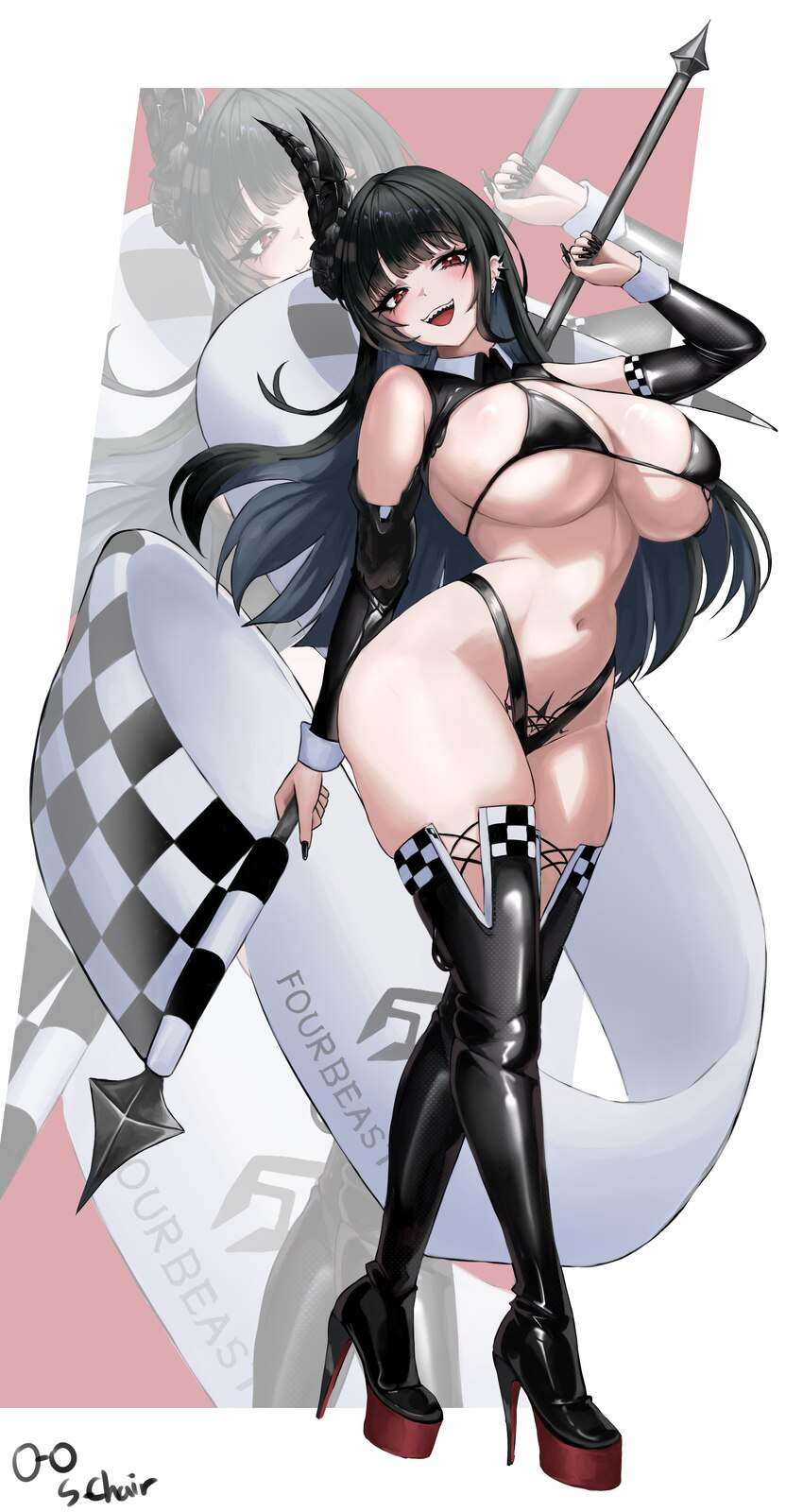 1girl absurdres behemoth (nikke) bikini black bikini black boots black hair black horns black nails boots breasts cleavage commentary detached sleeve…