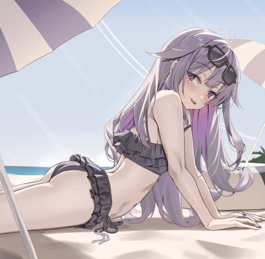 1girl absurdres ass beach bikini blush commentary gem grey hair highres hololive hololive english jewel under eye koseki bijou long hair looking at v…