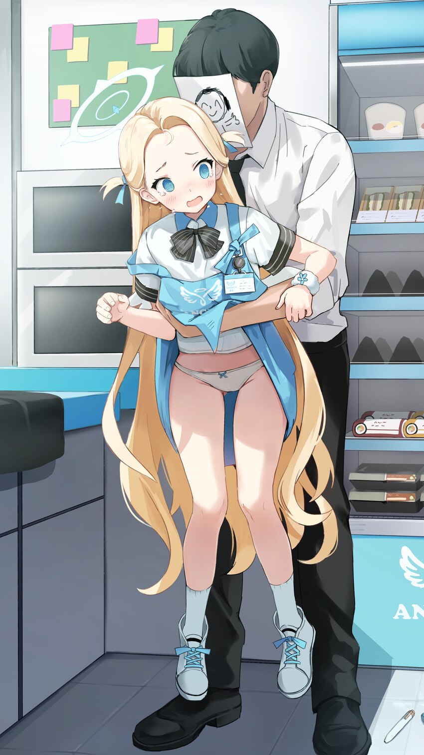1girl @ @ absurdres angels 24 uniform (blue archive) apron assisted exposure blonde hair blue apron blue archive blue halo clothes lift commentary co…