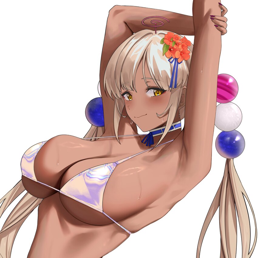 1girl absurdres armpits arms up blonde hair breasts commentary dark-skinned female dark skin flower hair flower hair ornament highres hololive hololi…