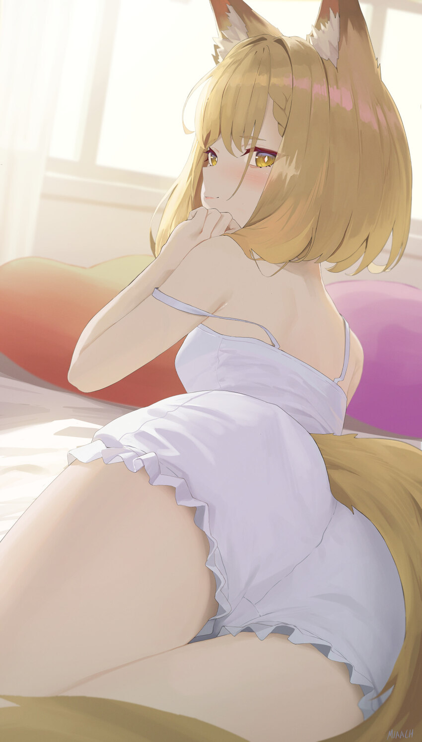 1girl alternate costume animal ear fluff animal ears arknights arknights  endfield ass ass focus backlighting bare shoulders blonde hair blush braid …